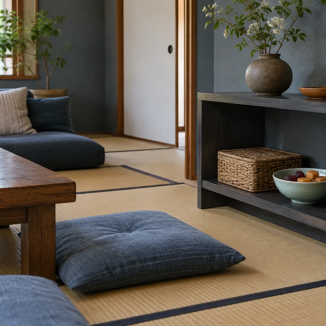 畳のある日本の居間で、低い棚に置かれた淡い青緑色の器に、包み紙のないグミやキャラメルが入っている。