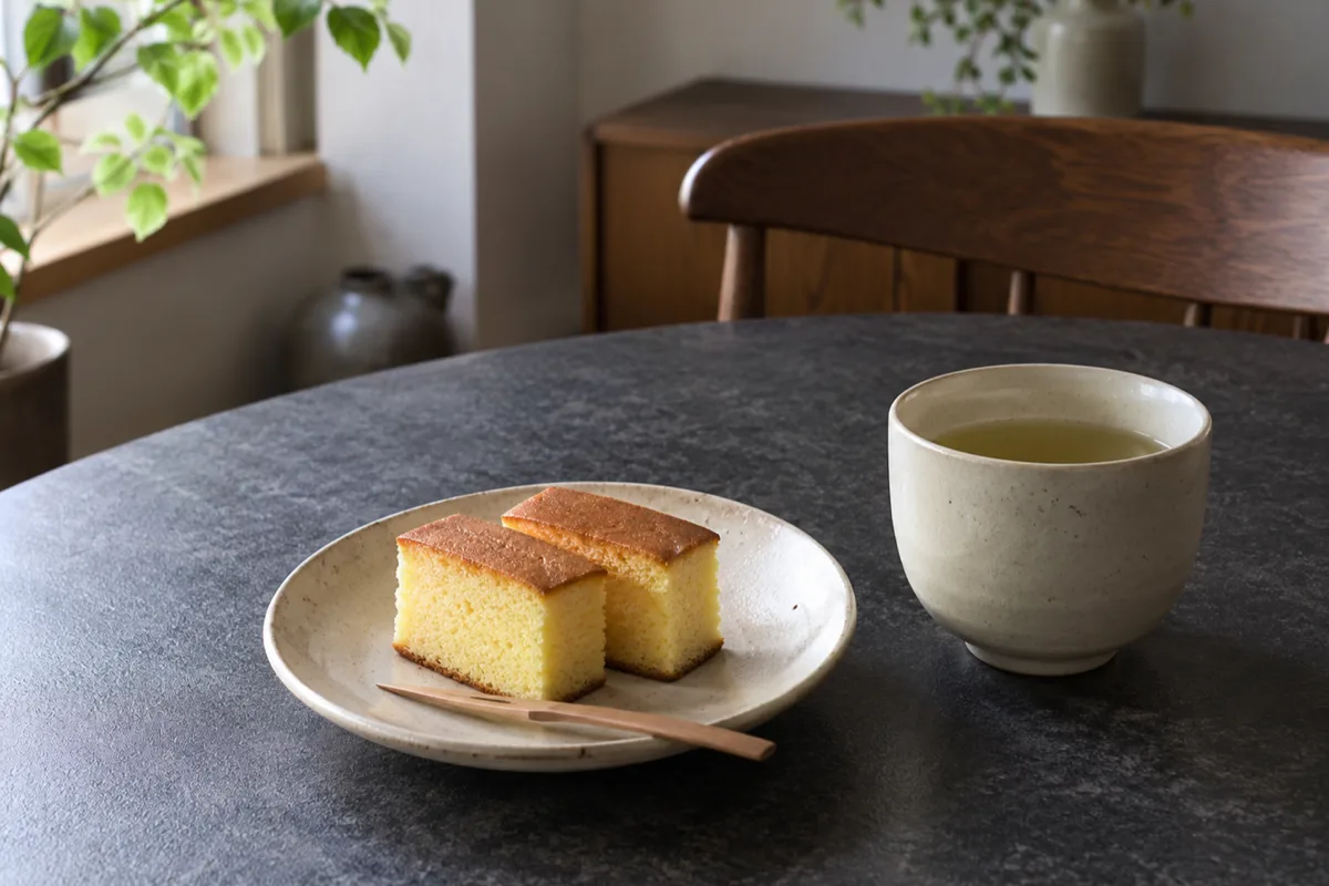 日本の住まいの落ち着いた食卓に、カステラが二切れのった白い小皿と湯のみが置かれています。