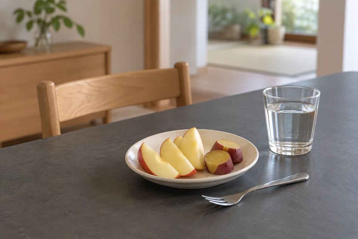 日本の家庭の食卓に、りんごと蒸したさつまいもの小皿、水の入ったグラスが並び、奥に子ども用の椅子が見えます。