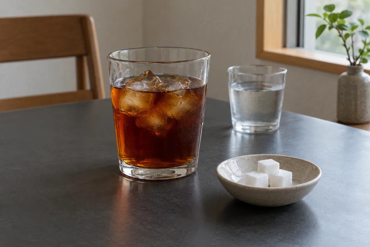 日本の住まいの食卓に、氷入りの紅茶と水のグラス、角砂糖をのせた小皿が並んでいます。