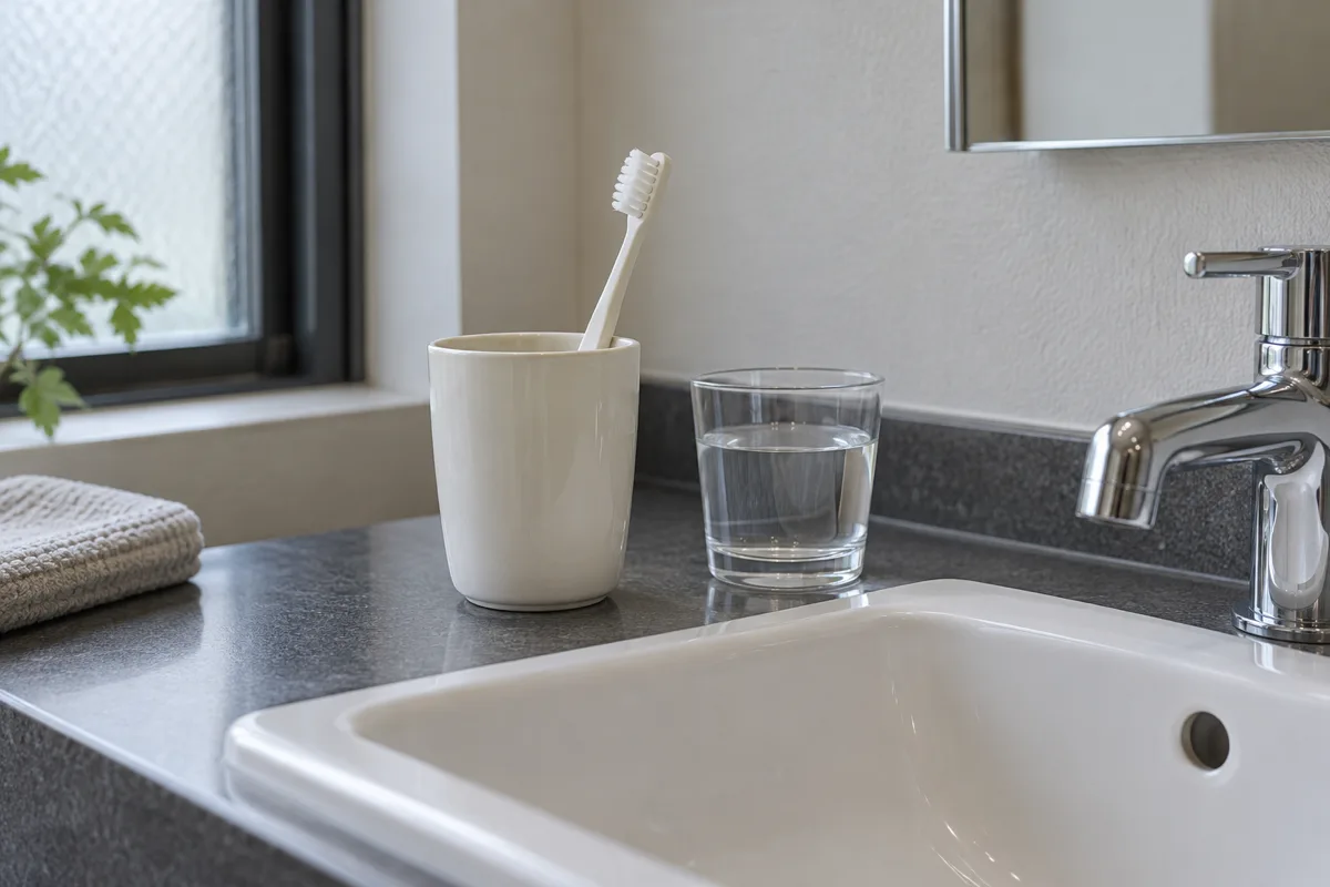 日本の住まいの洗面台に、歯ブラシを入れたアイボリーの陶器のコップと、水の入った透明なグラスが置かれている。