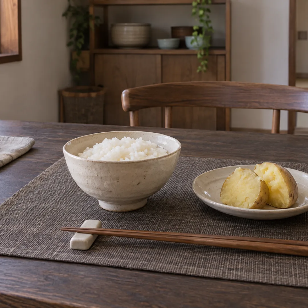 日本の住まいの食卓に、白いごはんを盛った茶碗と蒸したいもの皿、箸が並んでいます。