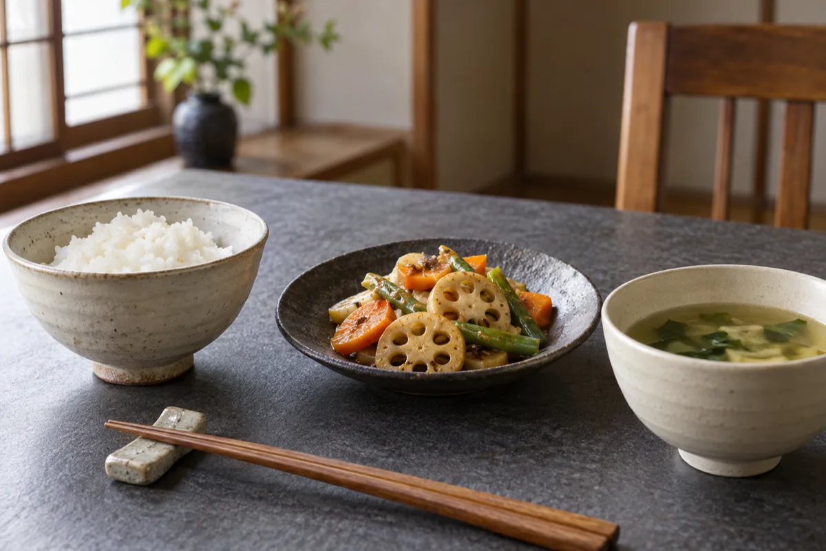 チャコール色の食卓に、ご飯、れんこんやにんじんの小皿、汁物が並び、箸が箸置きに置かれている。
