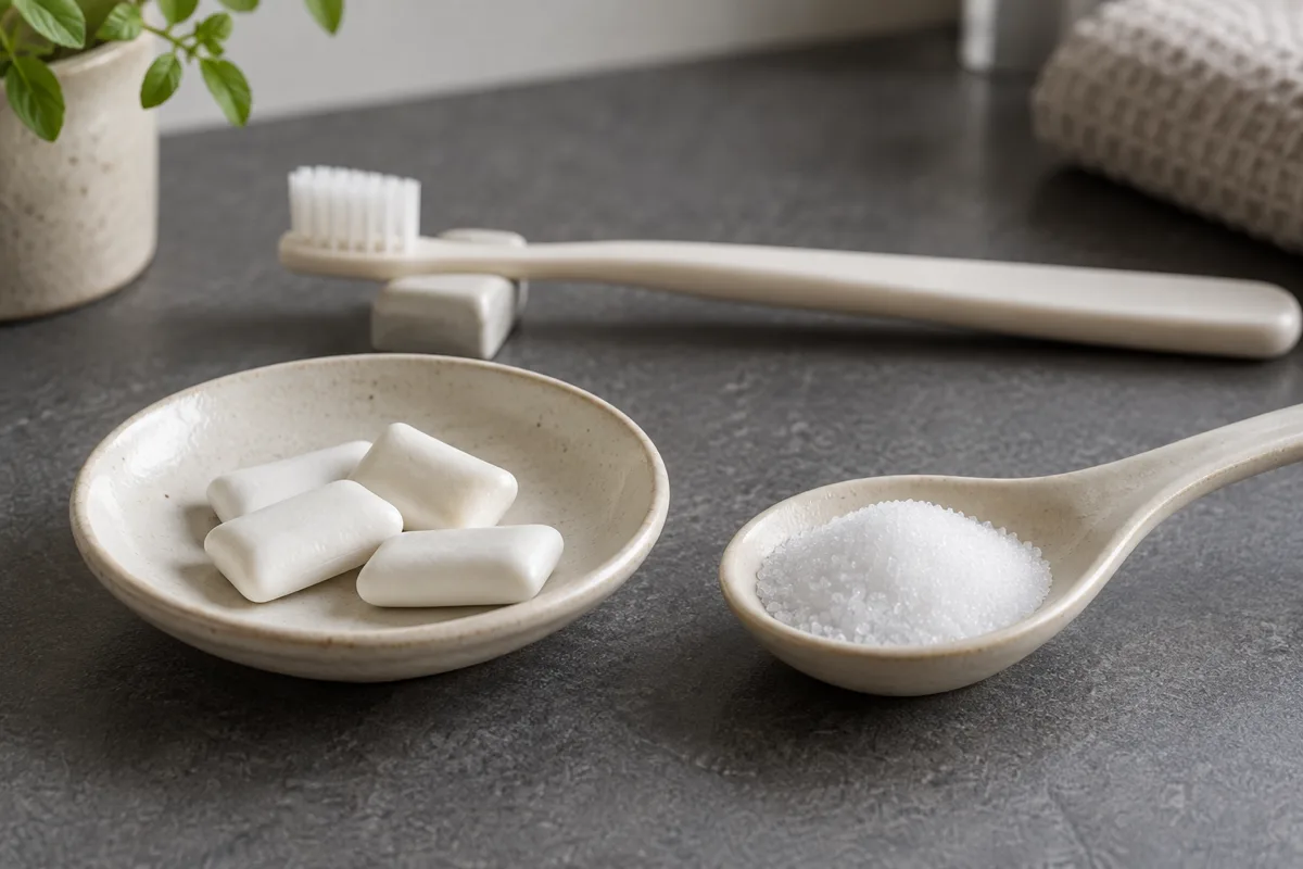 チャコール色の台に、白いガム粒を入れた小皿と白い結晶をのせた陶器のスプーンが並び、奥に歯ブラシが置かれています。