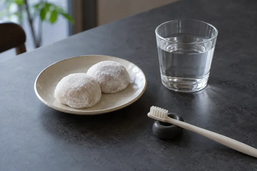 チャコール色のテーブルに、餅菓子をのせた白い小皿と水の入ったグラス、歯ブラシが並んでいます。