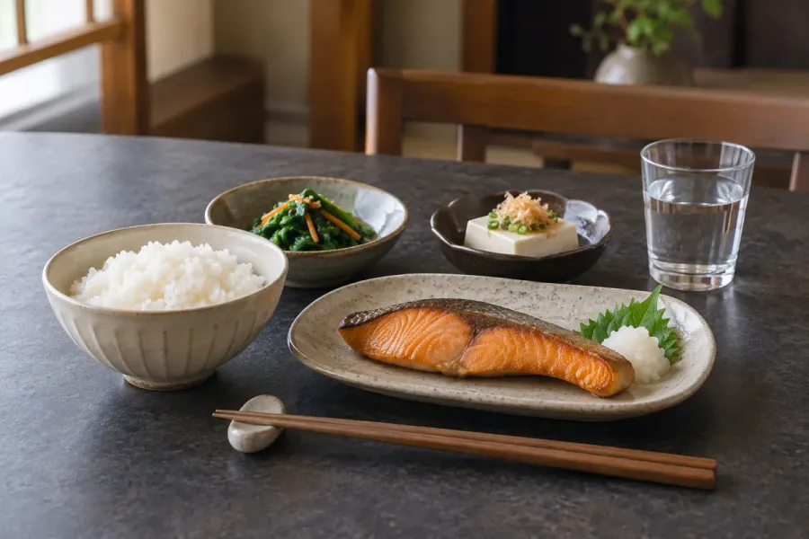 チャコール色の食卓に、ご飯、焼き鮭、青菜とにんじん、豆腐、水を一人分並べた和食の食卓。