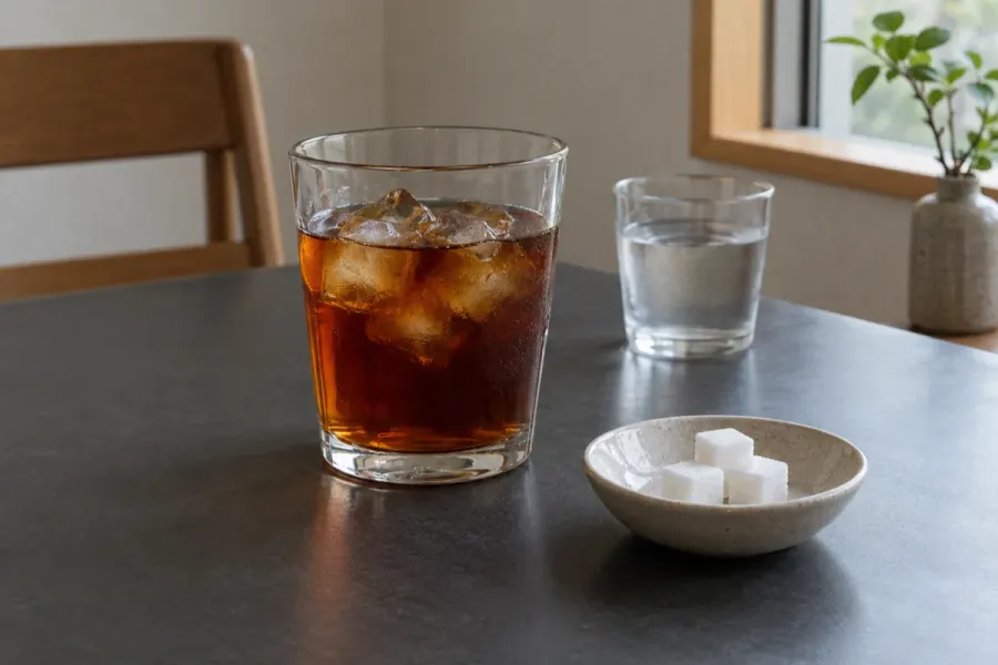 日本の住まいの食卓に、氷入りの紅茶と水のグラス、角砂糖をのせた小皿が並んでいます。