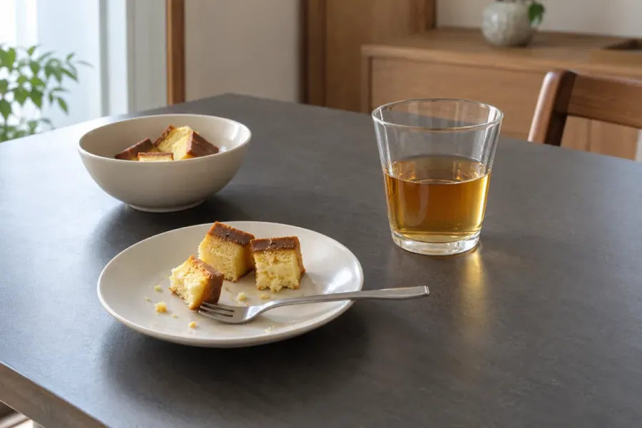チャコール色の食卓に、食べかけのカステラをのせた白い皿と、お茶が半分残ったグラスが置かれています。