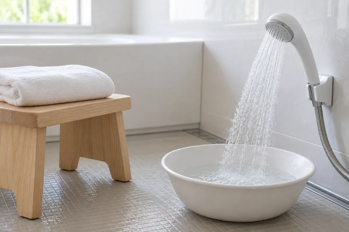 日本の明るい浴室で、シャワーから白い洗面器に水が流れ、そばの淡い木製スツールに白いタオルが置かれています。