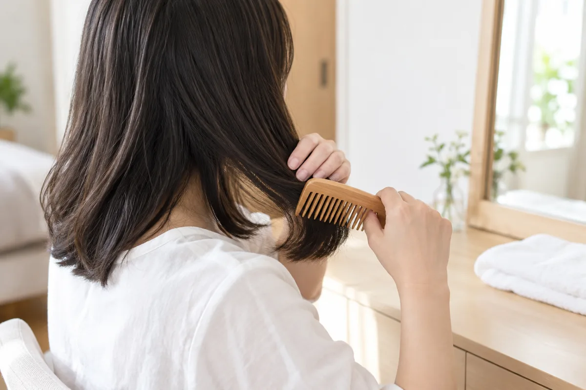 白い服の女性が、明るい洗面スペースで髪の一束を手で支えながら、木製のくしで毛先をとかしている。