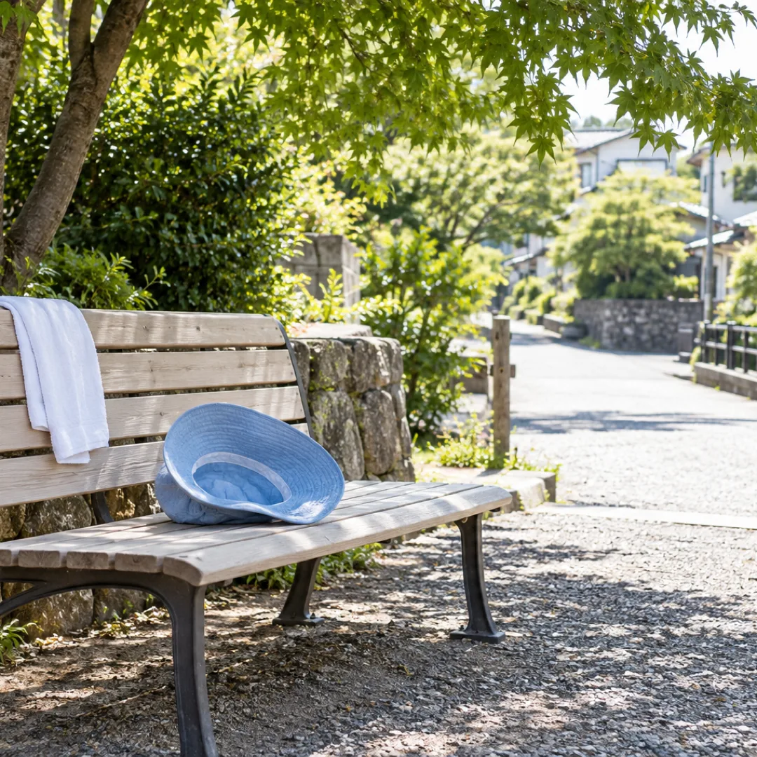 夏の昼間、木陰のベンチに水色の帽子と白いタオルが置かれ、奥の小道に日が差している。