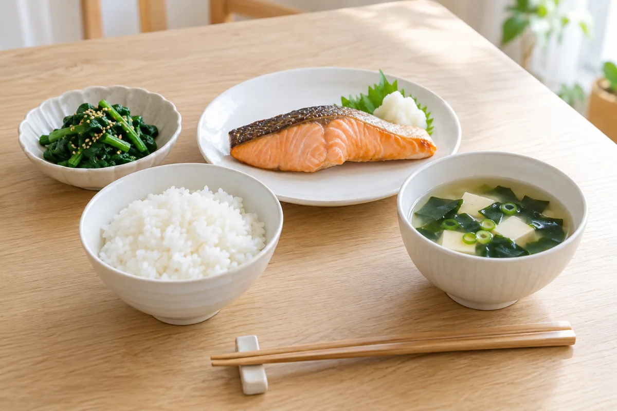 明るい木の食卓に、ご飯、焼き鮭、ほうれん草のごまあえ、豆腐とわかめの汁物が並んでいます。