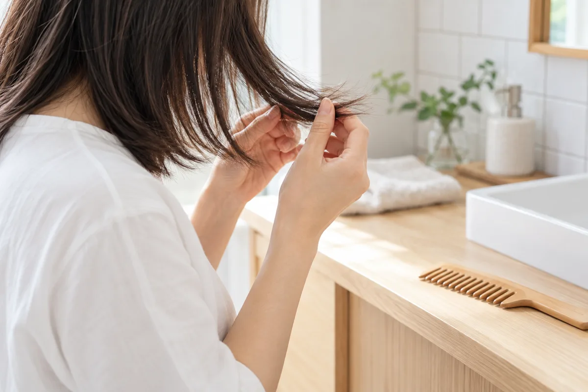 白い壁と淡い木の洗面台を背景に、白い服の女性が乾いた髪の毛先を指でそっと確かめている。