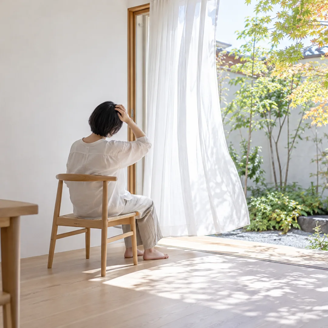 庭に面した白い部屋で、椅子に座った大人が髪を軽く分け、開いた戸口の白いカーテンが風に揺れている。