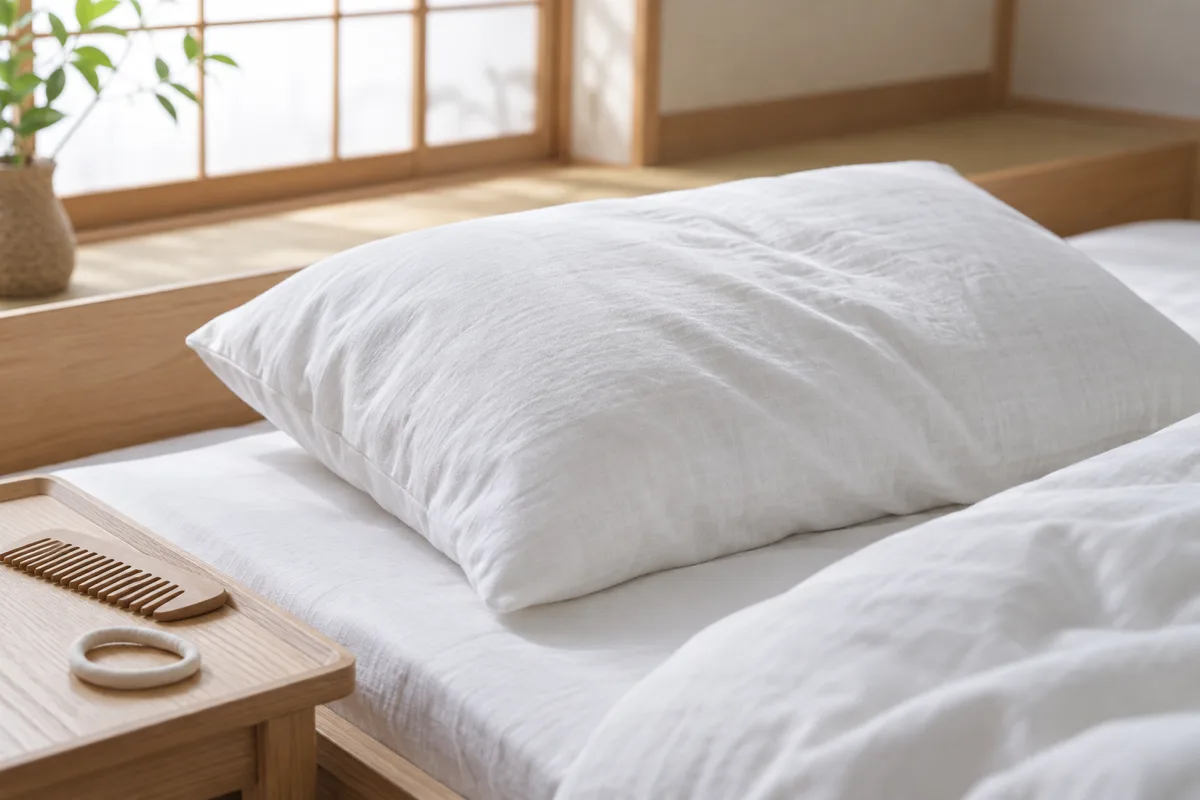 障子から明るい光が入る寝室で、白い枕のそばの木製トレーに櫛と布のヘアゴムが置かれている。