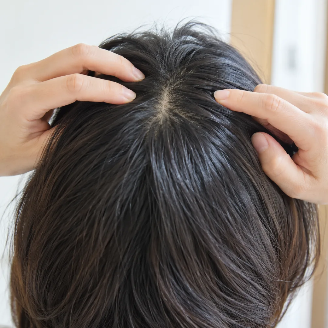 白い壁と淡い木の枠を背景に、大人が指先で黒髪の根元を分け、頭皮をのぞかせている。