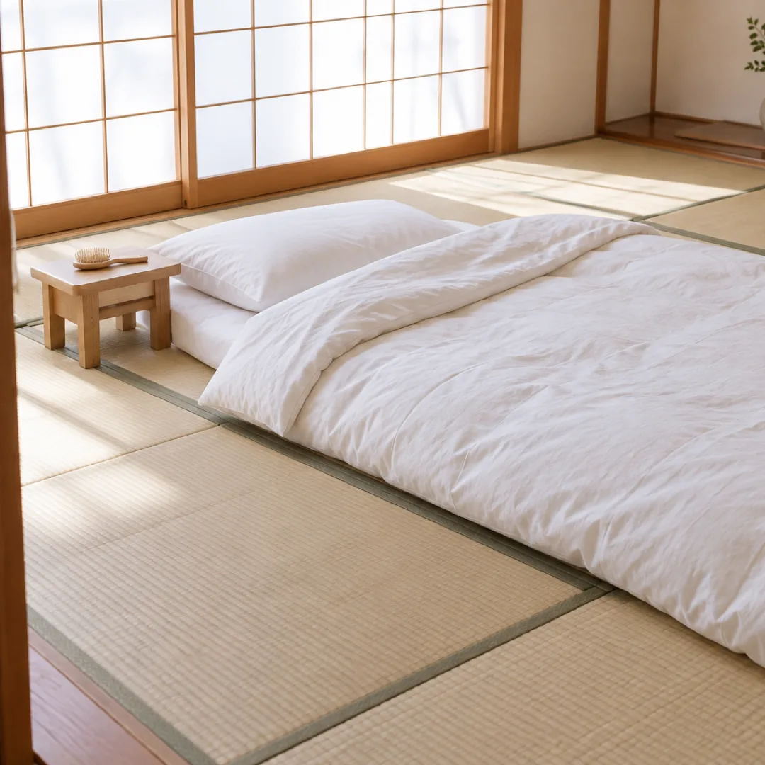 白い布団を敷いた和室で、枕元の低い木製スツールにヘアブラシが置かれている。