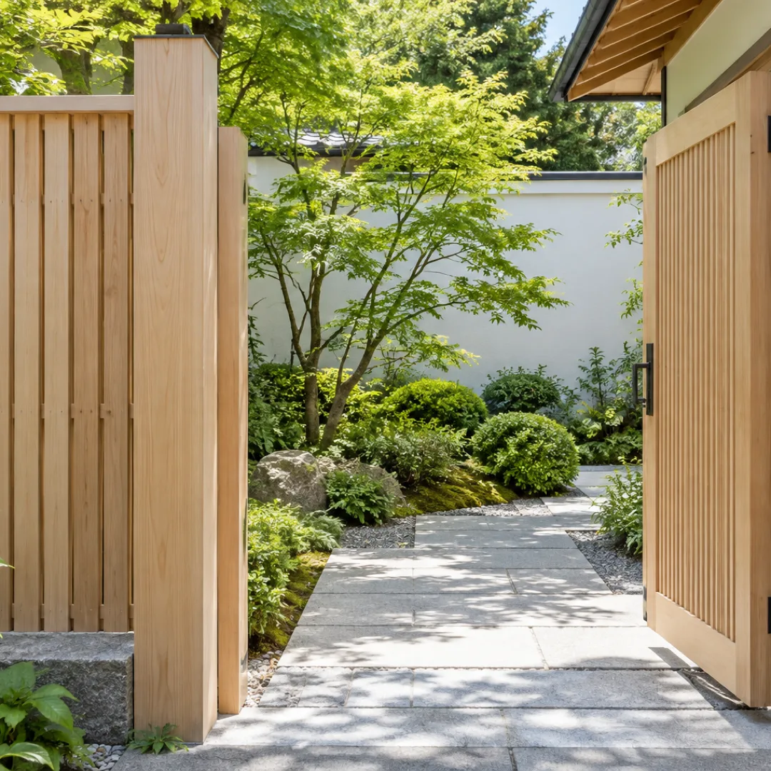 白い塀と淡い木の門に囲まれた日本の小さな庭で、開いた門の先に石の小道と緑の木々が見える。