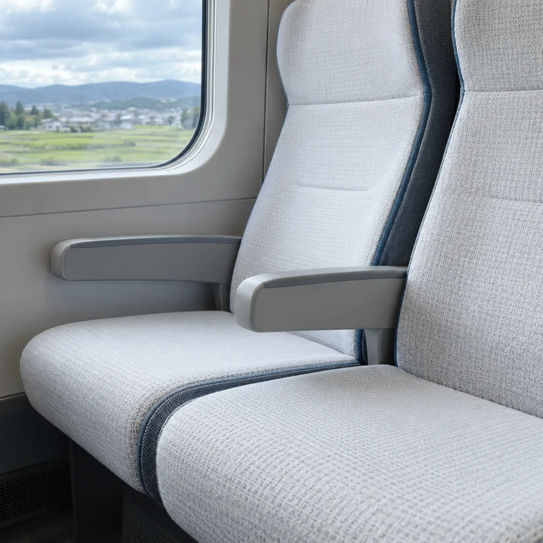 曇り空の田園風景が窓の向こうに見える列車内で、白い座席とひじ掛けを近くから写した写真。