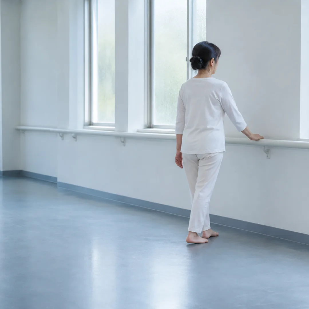 白い壁と青灰色の床の運動室で、大人が手すりに軽く触れ、裸足を前後にそろえて立っています。