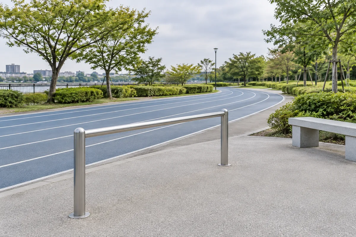 日本の公園で、白いラインのある青灰色のランニングコースの脇に、ストレッチ用の手すりとベンチが並んでいる。