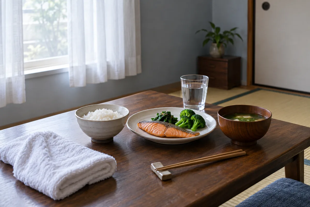 畳のある部屋の食卓に、ご飯、焼き魚、野菜、汁物、水の入ったグラスと白いタオルが置かれている。