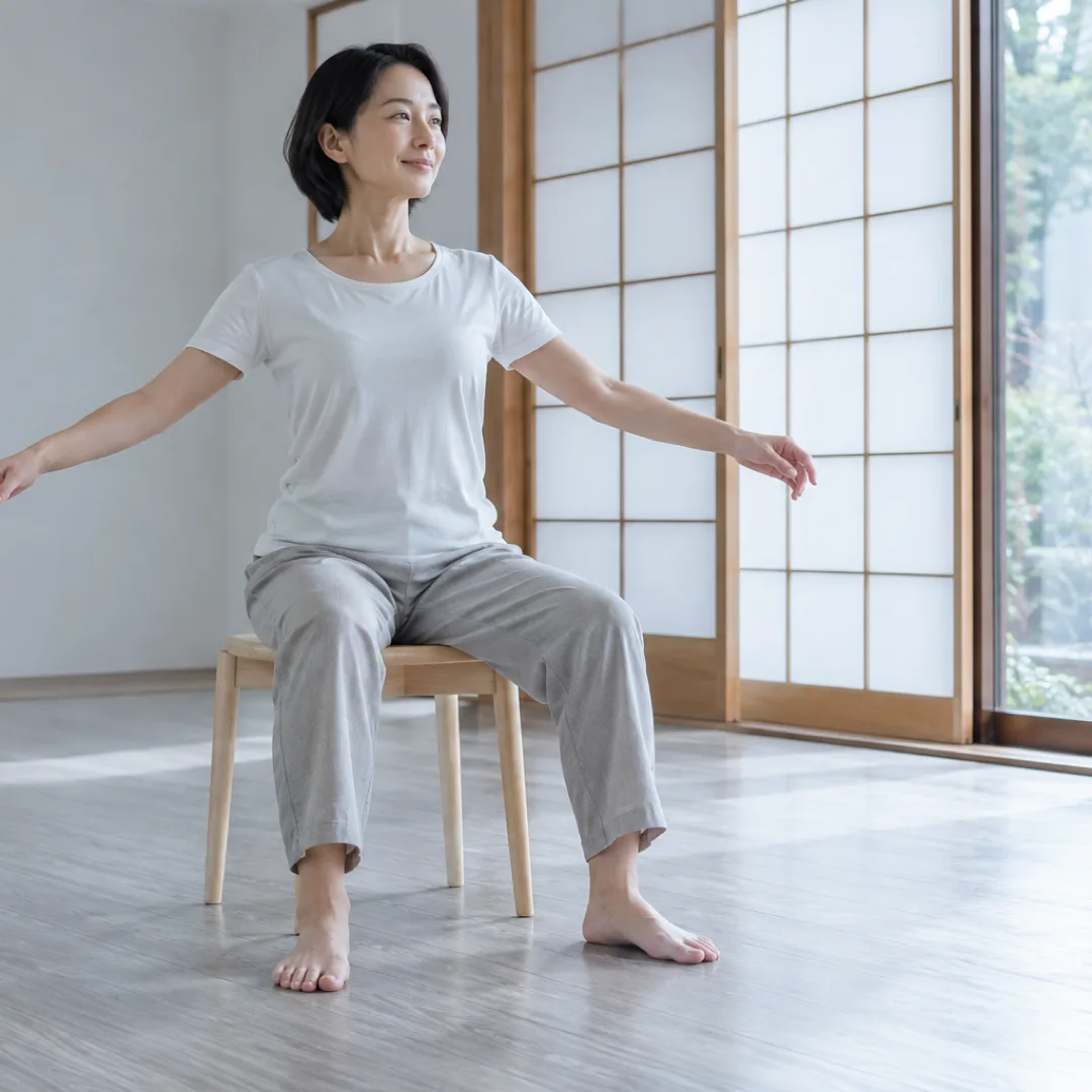 障子のある部屋で、白いシャツの大人が木の椅子に座り、両足を床につけて腕を左右に広げている。