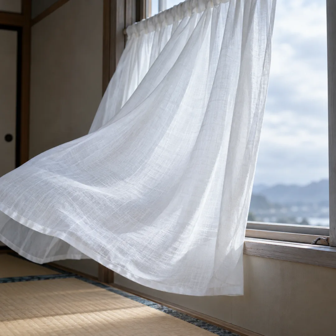 日本の畳の部屋で、半開きの窓から入る風に白い薄手のカーテンがふんわり膨らんでいる。