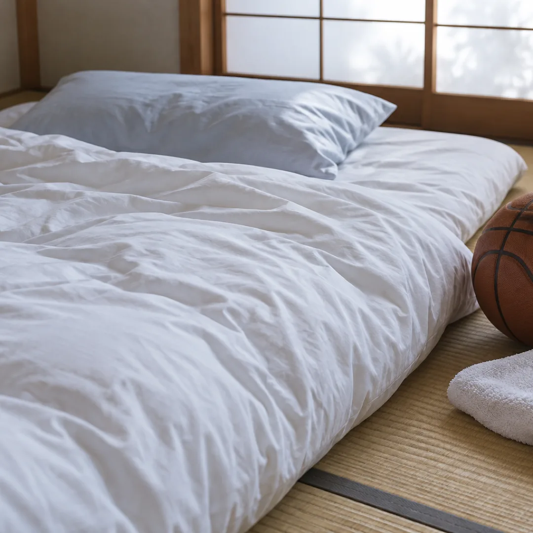 畳の部屋に白い布団が敷かれ、その脇にバスケットボールと畳んだ白いタオルが置かれている。