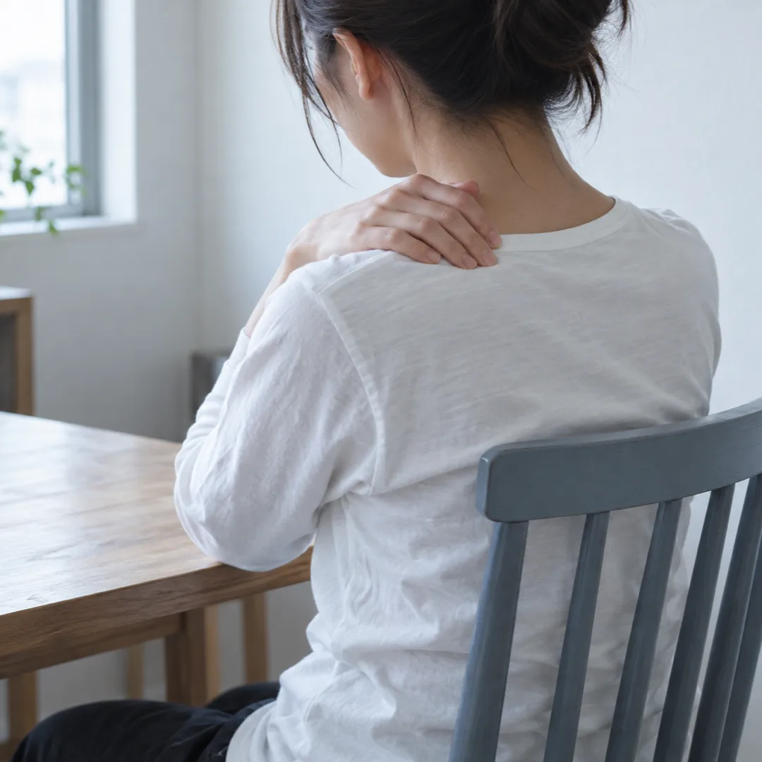 日本の住まいで椅子に座り、肩を少し前に丸めて反対側の肩に手を添える、白いシャツ姿の大人。