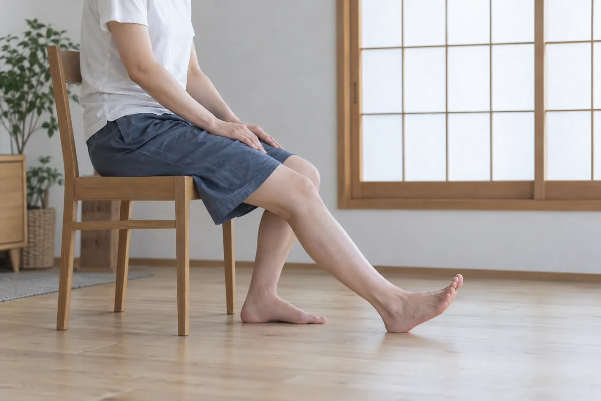障子のある室内で、椅子に座った大人が片脚を前に伸ばし、かかとを床につけてつま先を上げている。