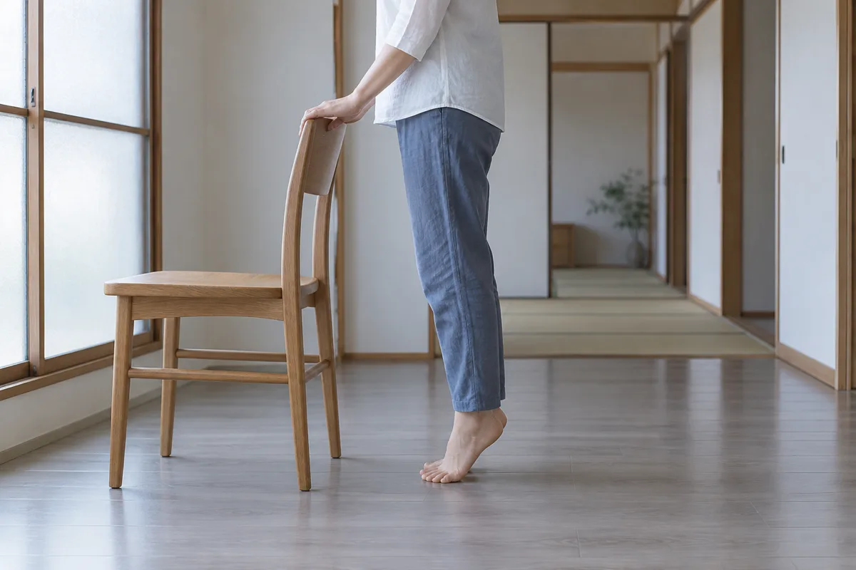 日本の家の室内で、裸足の大人が椅子の背に軽く手を添え、両足のかかとを少し上げている。