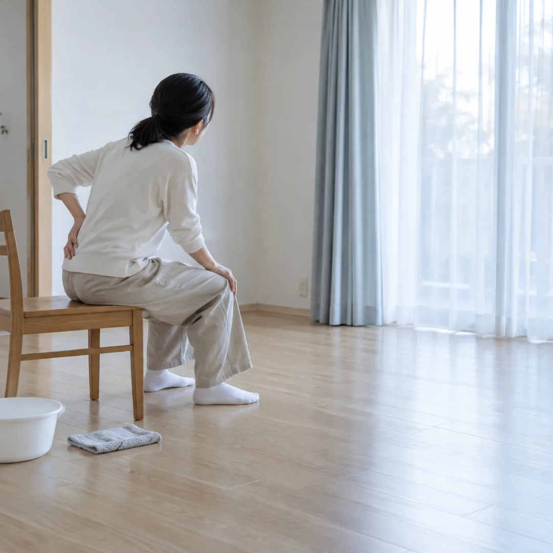 日本の住まいで、床拭き用の布と洗面器のそばに座り、腰の横にそっと手を添える人。