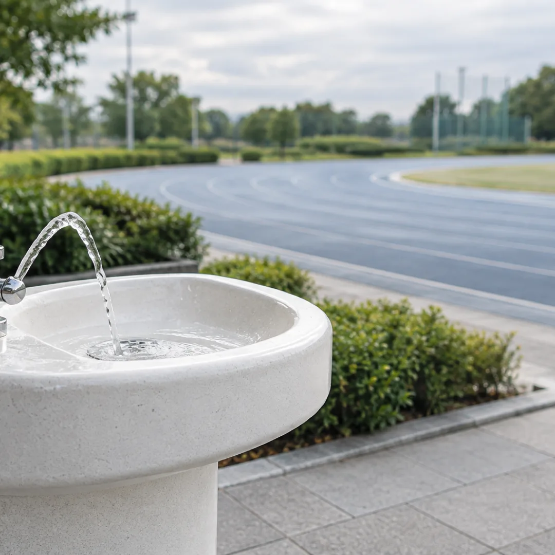 日本の運動場のそばにある白い水飲み場から、細い水が弧を描いて流れ、奥に青灰色のトラックが見える。