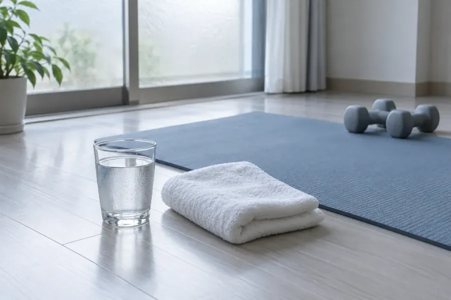 日本の住まいの床に敷かれた青い運動マットのそばに、水の入ったグラスと白いタオル、ダンベルが置かれている。