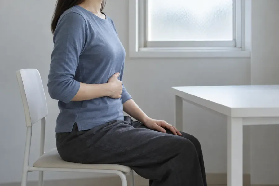 日本の住まいで、青い服の大人が机のそばの椅子に座り、片手を肋骨の下あたりに添えている。