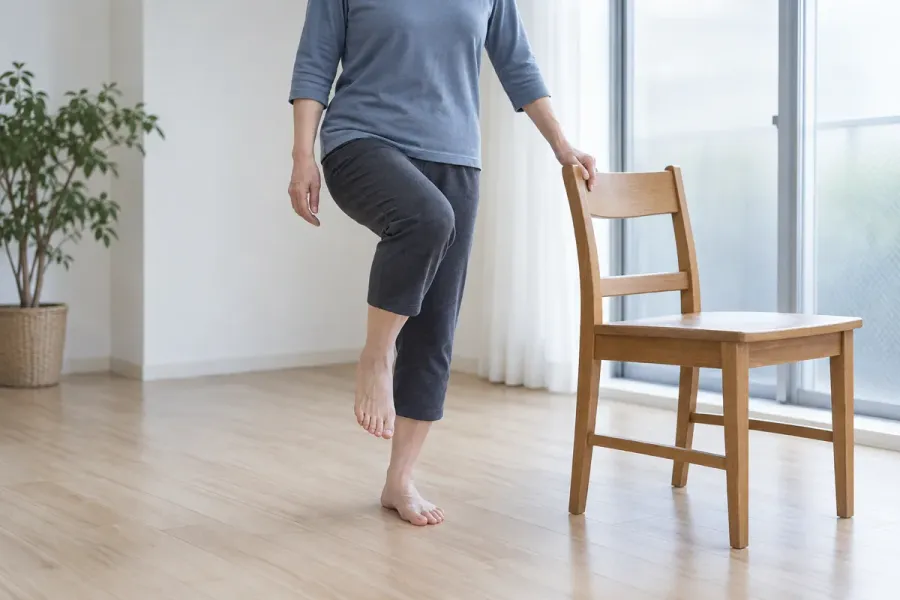 白い壁と木の床の部屋で、椅子の背に片手を添えた大人が、裸足で片足を少し浮かせて立っています。