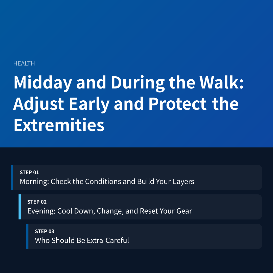 Midday and During the Walk: Adjust Early and Protect the Extremities