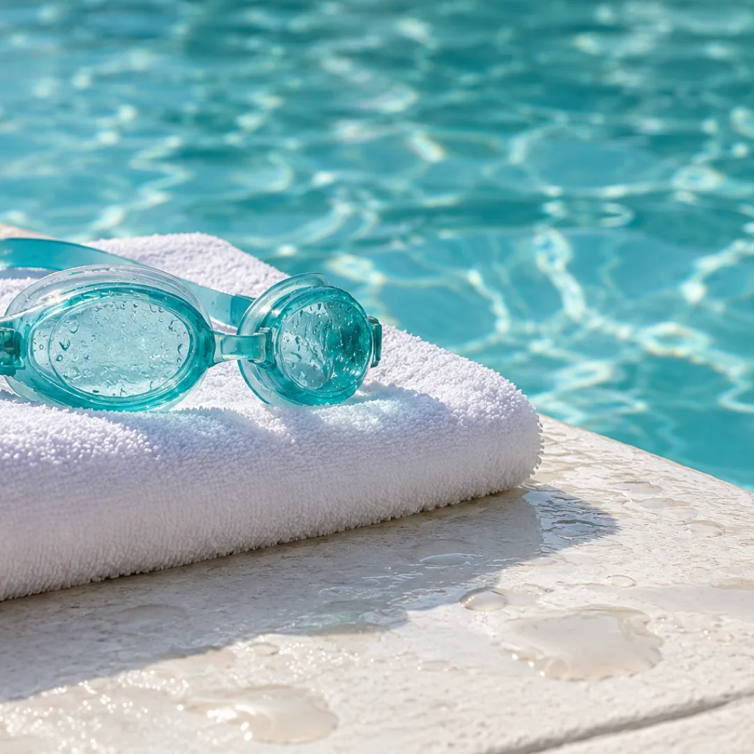 Aqua swimming goggles rest on a folded white towel beside the rippling water of an outdoor pool.