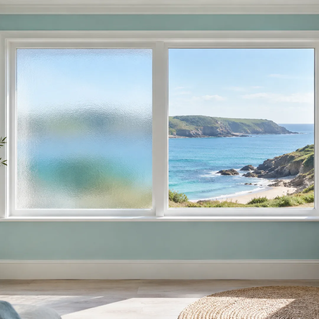 A coastal window has one frosted pane blurring the sea and one clear pane showing the shoreline.
