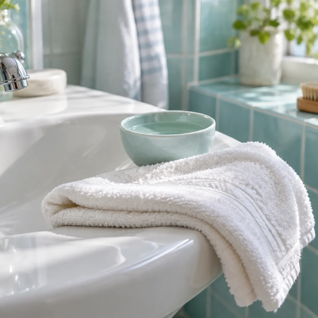 A soft white towel rests on a bathroom sink, with a pale aqua bowl nearby and a nail brush on a separate ledge.