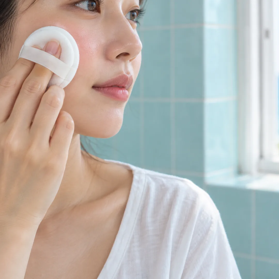 A woman gently presses a white cosmetic puff against her cheek in a light aqua bathroom.