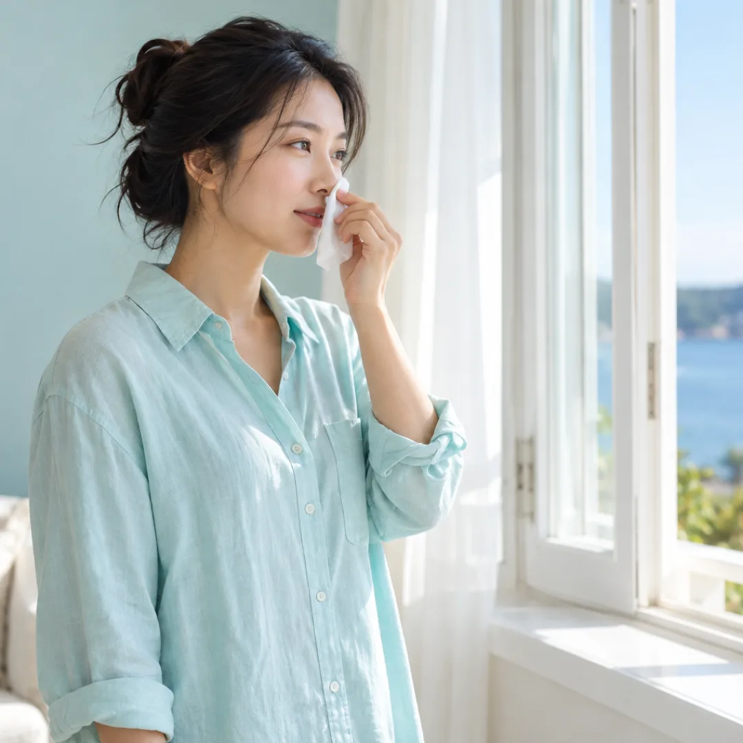 An adult in a light aqua shirt gently dabs the edge of their nose with a white tissue beside a window.