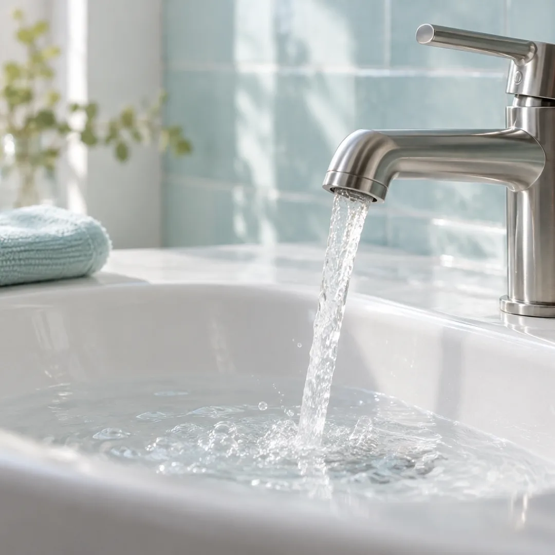 A gentle stream flows from a mixer tap into a white basin beside a folded aqua washcloth.
