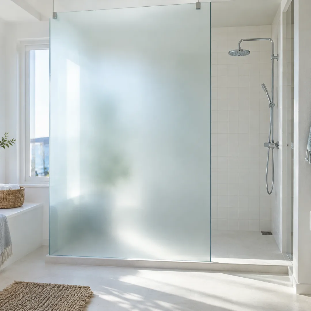 A white bathroom with a frosted shower partition and an open doorway revealing a chrome shower fixture.