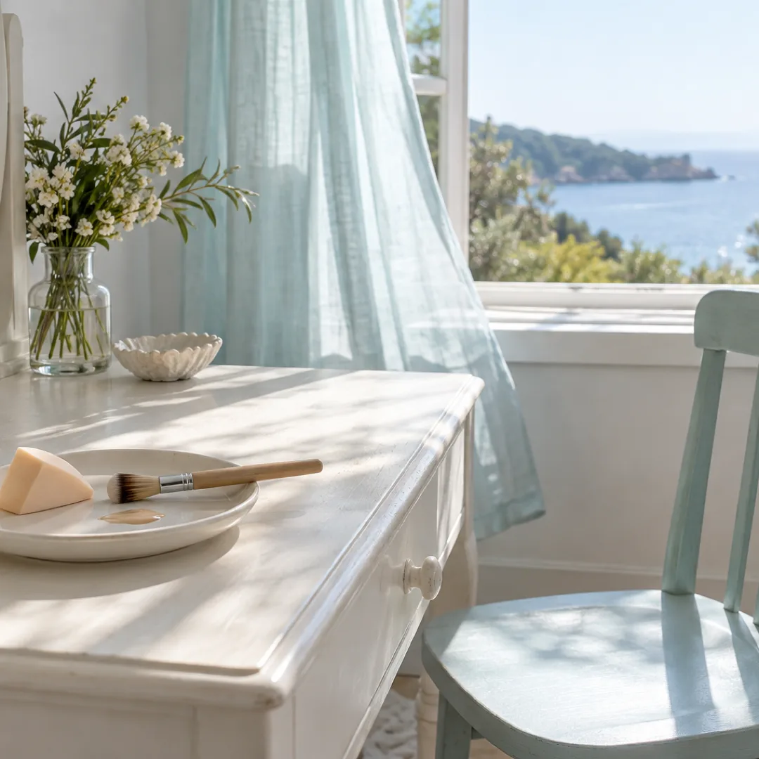 A makeup sponge and brush rest on a white dish beside an empty chair and a softly moving aqua curtain.
