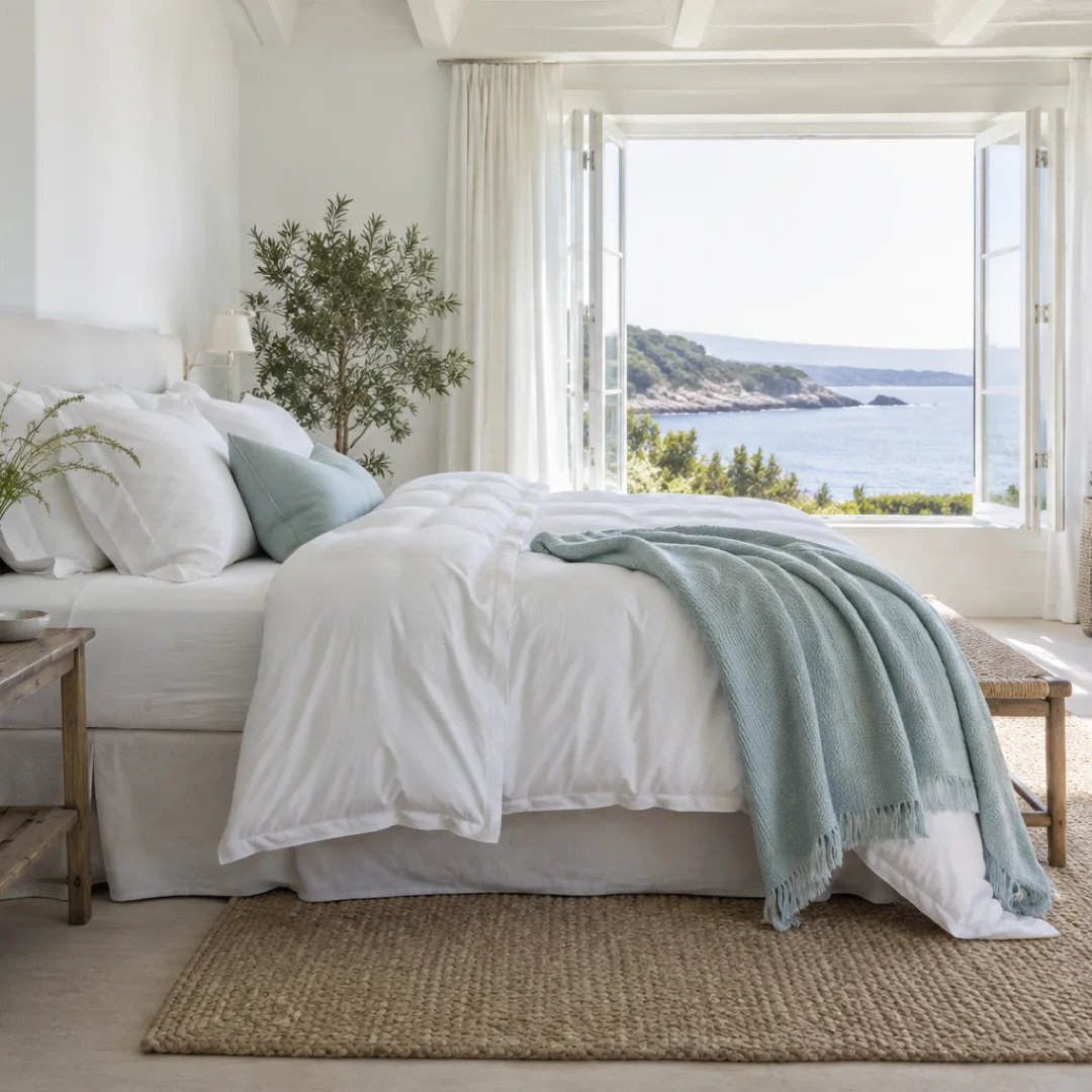 A white bed with an aqua coverlet stands beside an open window and a vase of fresh flowering grasses.