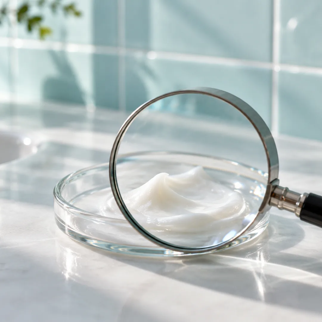 A magnifying glass enlarges the texture of white cream in a glass dish on a counter against pale aqua tiles.
