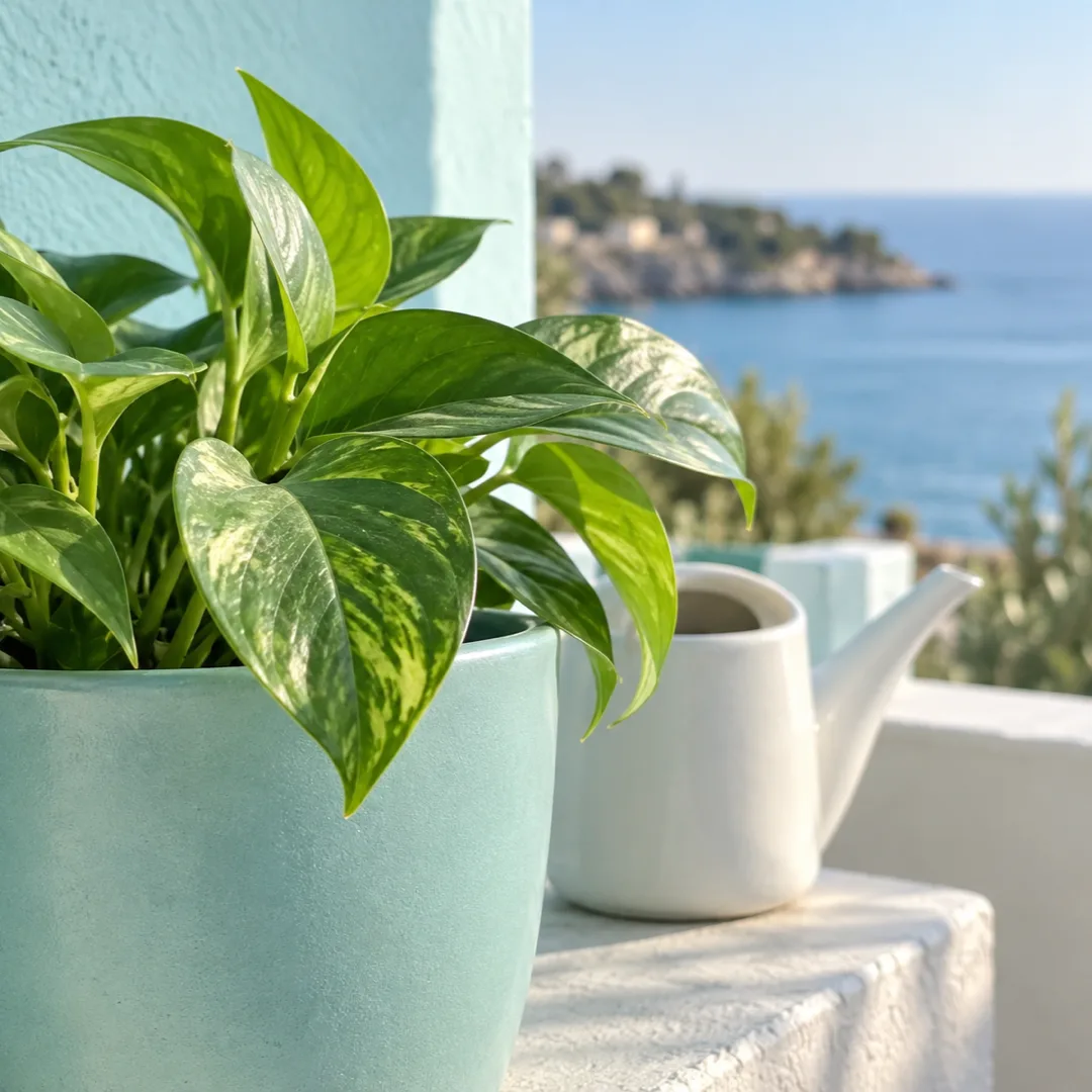 Fresh green houseplant leaves fill the foreground beside a white watering jug on a pale aqua coastal balcony.