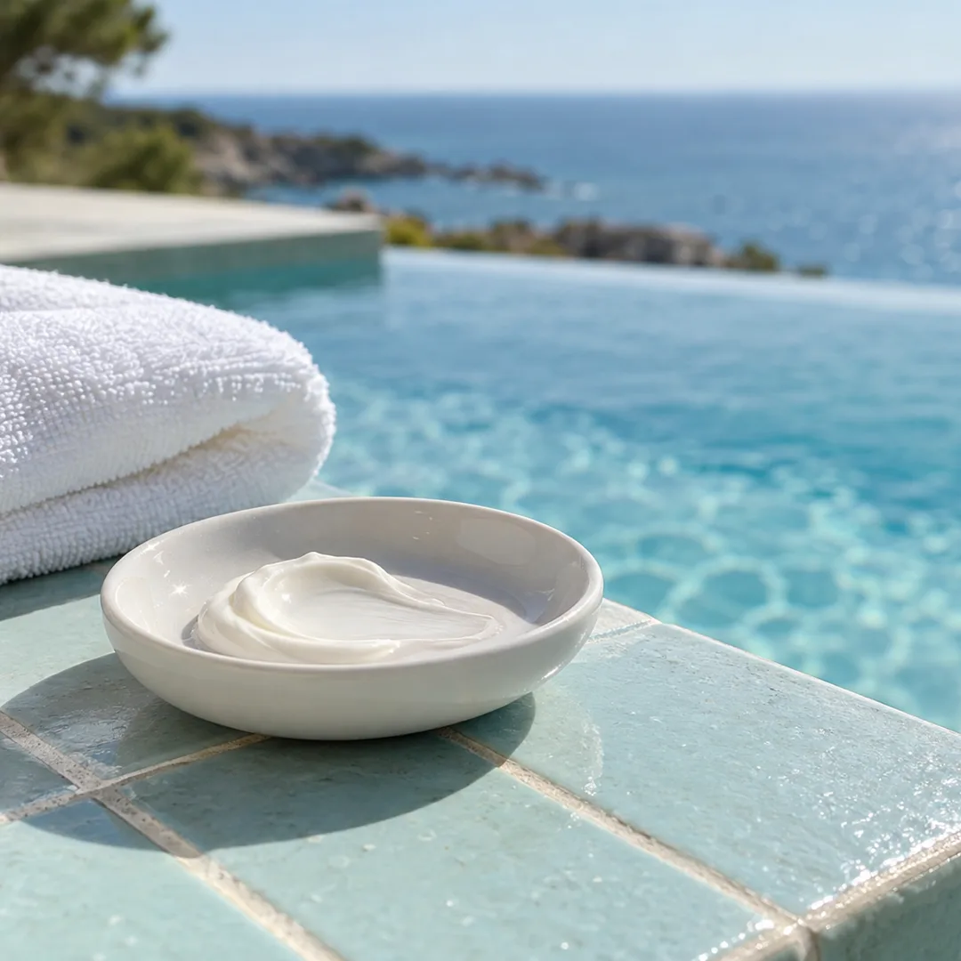 A white dish of sunscreen cream and a folded white towel rest on an aqua-tiled ledge beside a coastal pool.